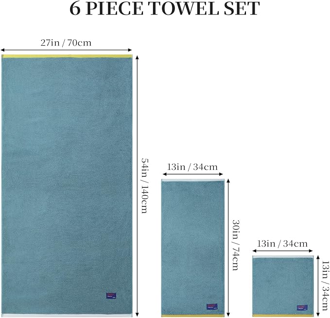 REDKISS 6 Piece Bath Towel Set, 100% Cotton, Soft Absorbent 600 GSM | Includes 2 Bath Towels, 2 Hand Towels & 2 Washcloths | Quick Dry | Contrast Border Design | Bathroom | Guest Bath & Apartment
