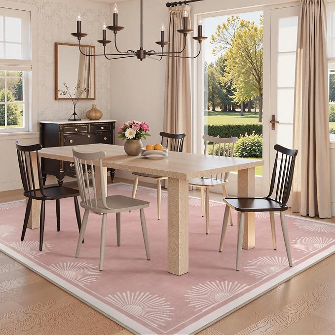 Hedlive Modern 5x7 Pink Area Rugs for Bedroom Girls, Ultra Thin Washable Nursery Rug for Kids Room, Soft Sun Print Toddler Room Rug,Boho Non Shedding Baby Carpets for Classroom Dorm Girls Decor