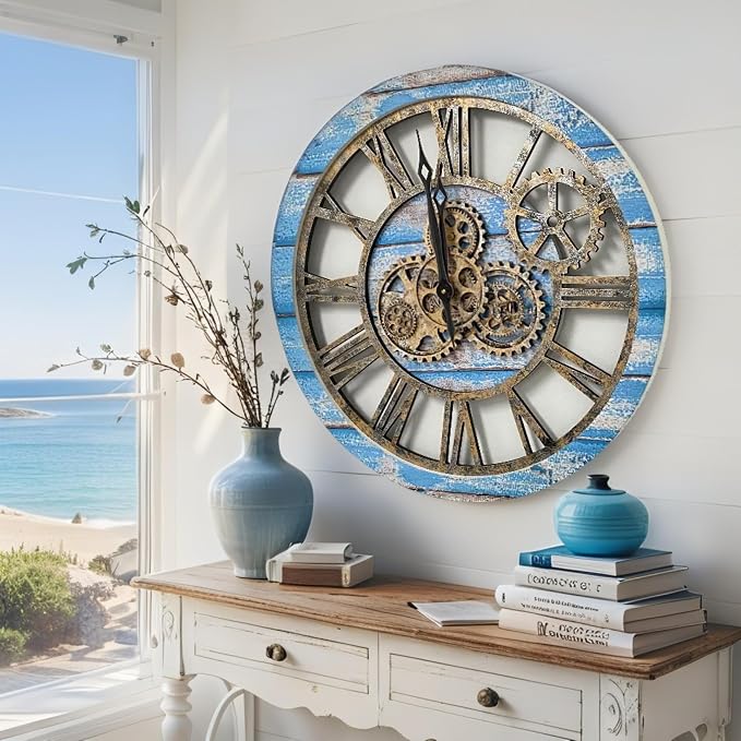 ImprovingLife The Gears Clock The Original Real Moving Gear Wall Clock Vintage Industrial Oversized Rustic Farmhouse (24 inch (60cm), Vintage Ocean Blue and Bronze)