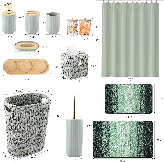 Bathroom Accessories Set, 25PCS Wicker Bathroom Accessory Set with Shower Curtain, Bath Mat, Soap Dispenser, Handwoven Trash Can & Rattan Tissue Box ((Sage Green, Bath Set+Shower Curtain+Rugs)