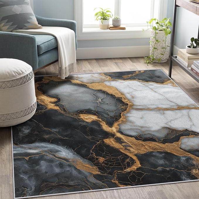 Black White Gold Marble Area Rug, Modern Abstract Pattern Carpet, Washable Non Slip Low Pile Soft Thin, Living Room Bedroom Home Decor Mat 5x8ft