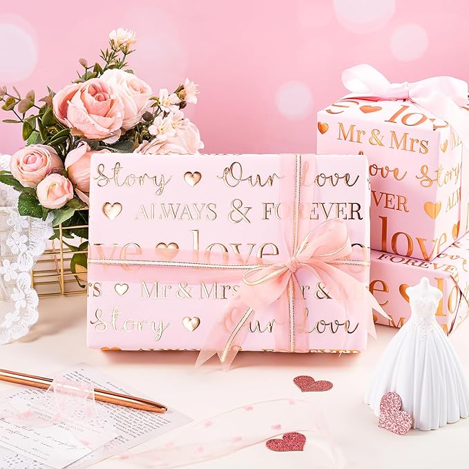 RUSPEPA Wedding Wrapping Paper Roll, Mini Roll, 17 Inches x 16.5 Feet, Pink Rose Gold Foil Ring Design, Perfect for Wedding, Bridal Shower, Anniversary