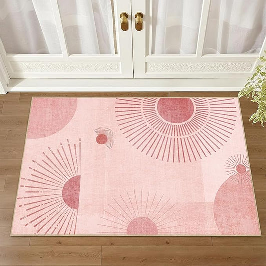 Sun Rug 2x3 for Entryway Mid Century Modern Rugs Machine Washable Boho Geometric Rug Non Slip Printed Low Pile Indoor Door Mat Floor Carpet for Bedroom Bathroom Kitchen Laundry,Pink