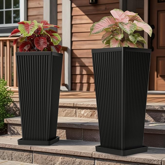 Tapered Tall Planters for Outdoor Plants 2 Pack- 23.6 Inch Square Indoor Flower Pots with Drainage Holes and Partition/Tray Saucers, Large Outdoor Planters for Porch Patio Garden, Black