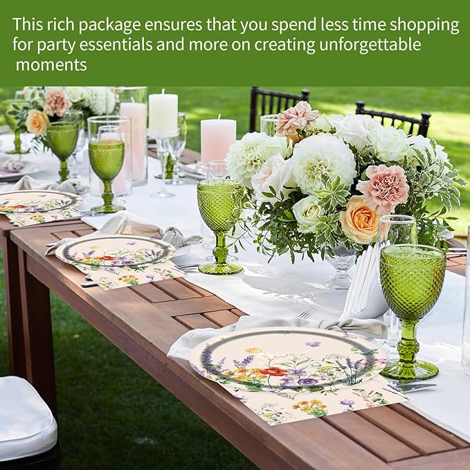 75pcs Floral Disposable Tableware Set, Spring Floral Paper Party Plates Napkins Forks Watercolor Flower Dinnerware Favors for Baby Shower Girls Women Birthday Tea Picnic Serve 25 Guests