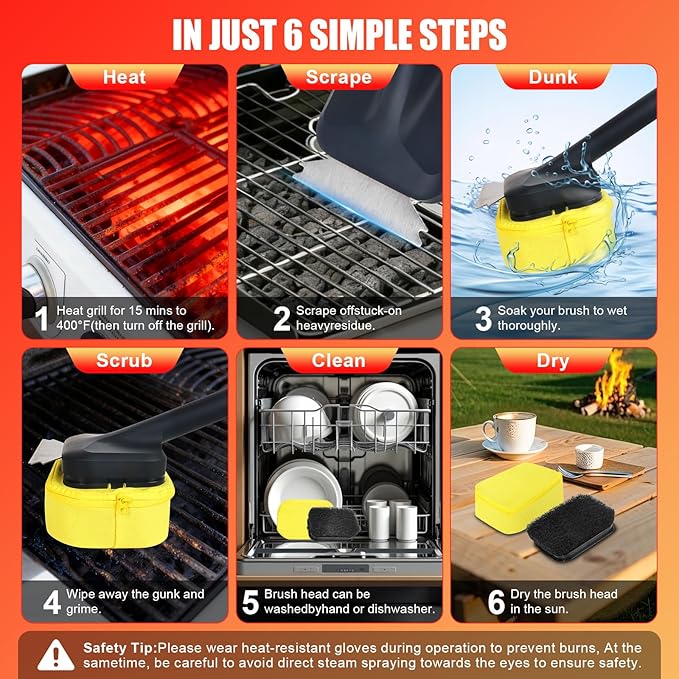 Grill Brush Bristle Free with 2 Replaceable Heads, Steam-Enhanced Scraper for Cast Iron & Stainless Steel Grates, Safe Non-Scratch Barbecue Cleaner for Outdoor Grills
