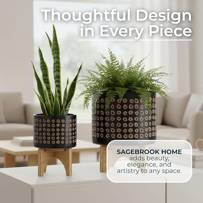 Set of 2 Ceramic Planters with Bamboo Stand Plant – Plant Stand Indoor Display Greenery, Living Room & Outdoor Decor – Aztec Pattern Planters for Collected Home Decor – 10.5" & 7.75"– Brown Black