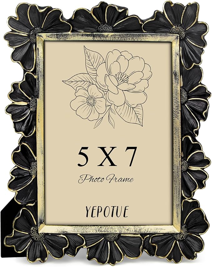 5x7 Vintage Flower Picture Frame, Ornate Antique Photo Frame with Glass Front, Elegant Picture Frame for for Wall or Tabletop Display, Gift ldeas for Home Decor (Black Gold)