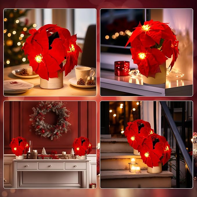 WSYEAR Red Poinsettias Artificial Christmas Flowers Lamp - Holiday Decorations and Ornaments for Xmas, New Year, Wedding Party, Seasonal Decor