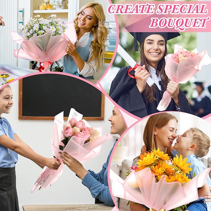 Ctosree 240 Sheets Flower Wrapping Paper, 22.8 x 22.8 Inch Waterproof Florist Floral Korean Flower Bouquet Wrapping Paper for Wedding Birthday DIY Gift Packaging Bouquet(Pastel Pink)