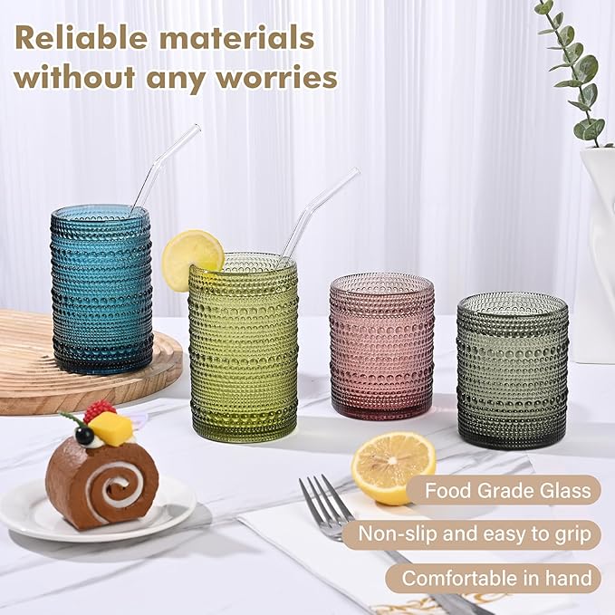 ZMOWIPDL Vintage Hobnail Drinking Glasses Set of 8,Colored 12 oz & 15oz Highball Glass Cups, Kitchen Drinkware Glassware,Embossed Water Tumbler,for Beer,Cocktail,Whiskey,Juice and Various Mixed Drinks