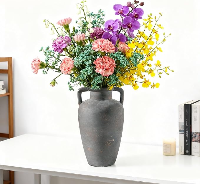 Rustic Ceramic Vase - 11.41 inch Tall Vase for Centerpieces, Boho Decor Decorative Vases with 2 Handles for Home Decor, Terracotta Vases for Farmhouse Living Room Shelf Table