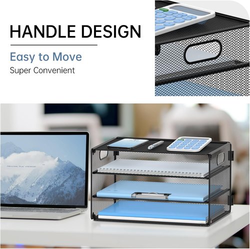 DALTACK 3-Tier Letter Tray - Stylish Mesh Desk Organizer with Handle for Office & Home | Black Metal