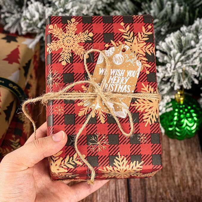 MAYPLUSS Kraft Christmas Wrapping Paper Roll - Mini Roll - 17 inch X 120 inch Per roll - 3 Different Red Reindeer & Snowflakes Design (42.3 sq.ft.ttl)