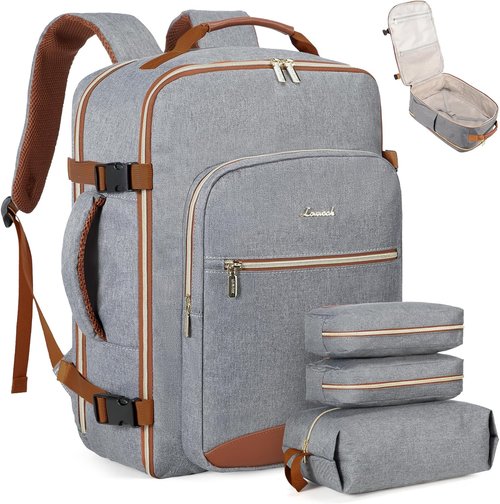 LOVEVOOK Travel Backpack - 40L Airline Approved Carry-On Bag with 3 Packing Cubes | Waterproof Grey-Brown