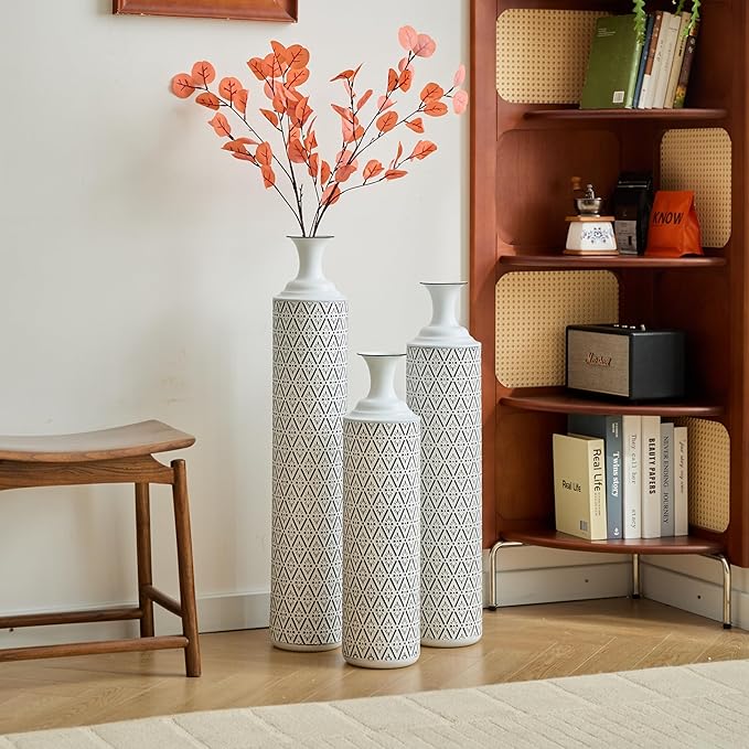 Metal Floor Vases Decorative, Set of 3 Flower Arrangement Stand, Tall White＆Black Metal Floor Vases for Living Room, Bedroom & Entryway, 33.85", 29.13", 24.8" H (White＆Black)