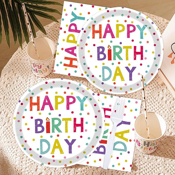72 Pcs Birthday Plates and Napkins Party Supplies,Happy Birthday Party Plates Napkins Dots Design Tableware Set Decorations for Serves 24 (White)