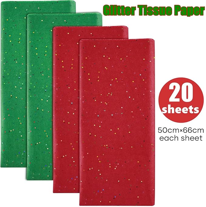 NEBURORA Glitter Tissue Paper for Packaging 50x66cm Green Red Tissue Paper for Christmas Gift Wrapping Bouquet Packaging Craft Paper for Christmas Party Supplies 20 Sheets