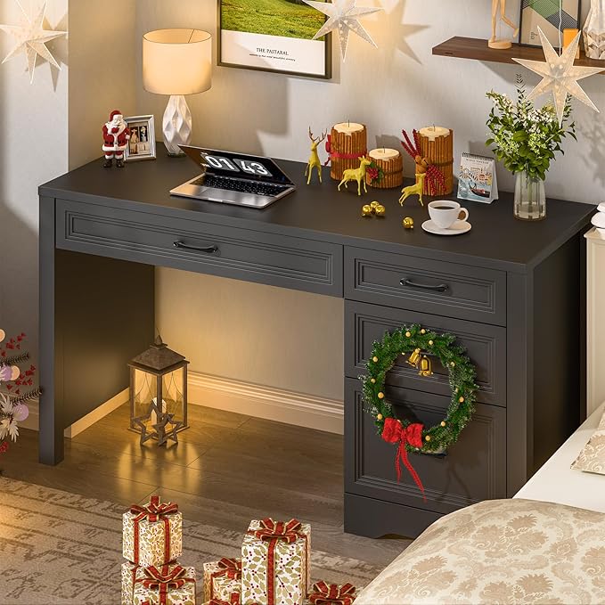 Vabches Farmhouse Executive Desk with Storage and Ample File Drawer, Rustic Large Home Writing Desk for Bedroom, Pure Black