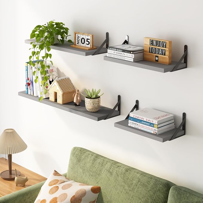 YGEOMER Floating Shelves for Wall, Different Sizes Gray Wall Shelves for Living Room, Bathroom, Bedroom, Kitchen, Home Decor (Set of 4)