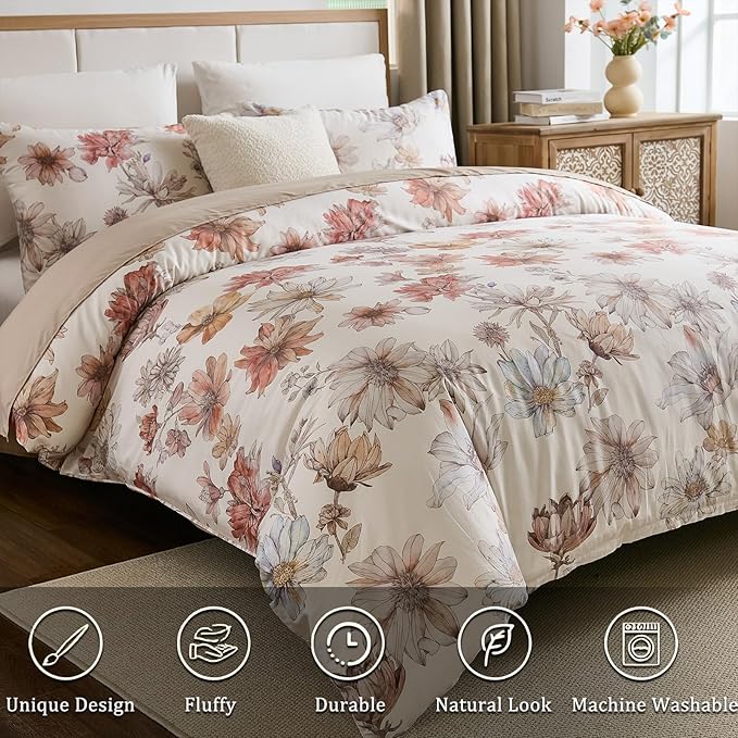 100% Cotton Duvet Cover King Size – Cream Hand-Drawn Watercolor Blooms Duvet Cover Set with Zipper Closure & Corner Ties, 3-Piece Luxury & Silky Soft Bedding Set for All Seasons