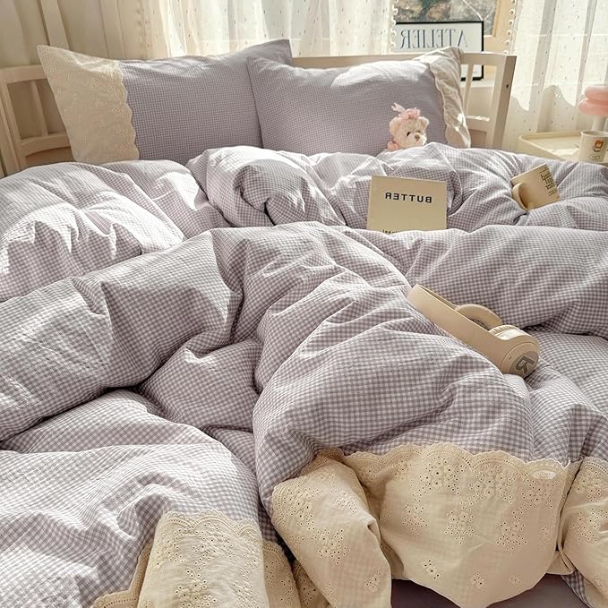 LifeTB Purple Gingham Duvet Cover Twin Cozy Washed Microfiber Purple Checkered Plaid Duvet Cover with 2 Pillowcases Romantic White Lace Comforter Cover 3 Pieces Gingham Grid Bedding Set