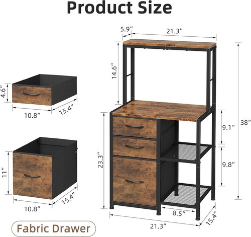 HIGDBFE File Cabinet - 3 Fabric Drawers & 4 Open Shelves - Rustic Brown Office Storage Solution