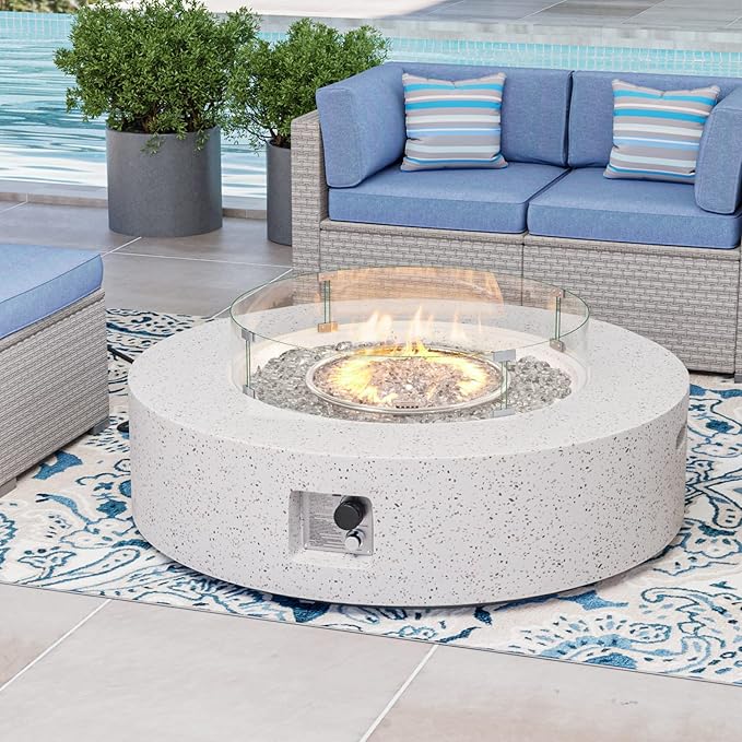 COSIEST Outdoor Propane Fire Pit Coffee Table w Terrazzo White 42 inch Round Base Patio Heater, Certified, 50,000 BTU Stainless Steel Burner, Wind Guard, Transparent Gray Fire Glass, Rain Cover