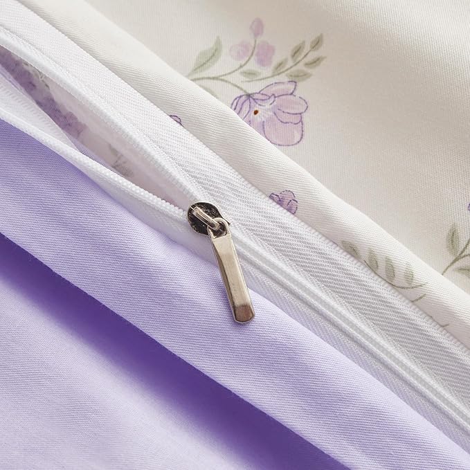 EAVD Garden Purple Floral Duvet Cover Twin Girls Soft 100% Cotton Chic Shabby Lavender Floral Bedding Set with 2 Pillowcases Vintage Botanical Duvet Cover with Zipper Closure