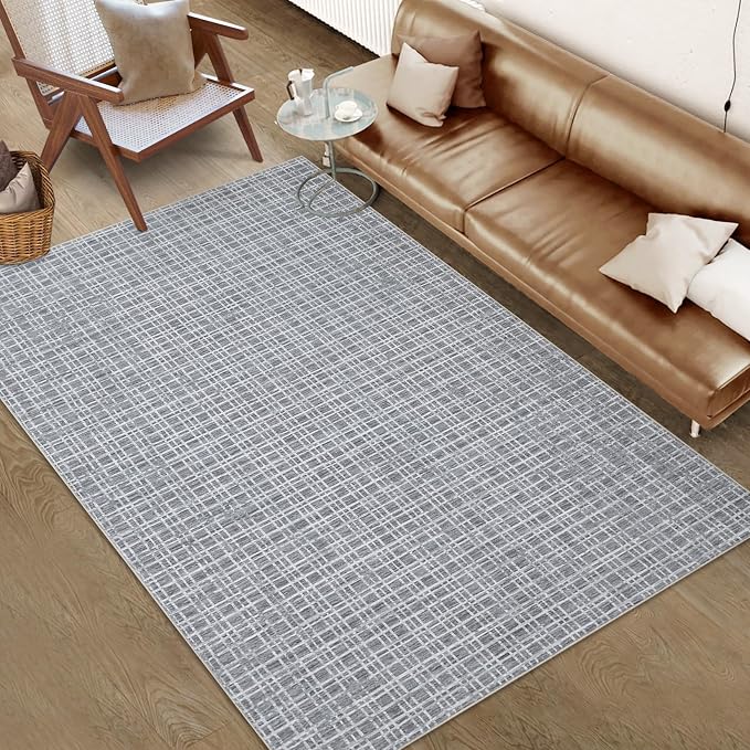 Washable Area Rugs 8x10 Rug for Living Room Modern Bedroom Rug Grid Large Area Rug Farmhouse Non Slip Throw Rugs Soft Low Pile Stain Resistant Carpet for Dining Room Classroom 8'x10' Grey
