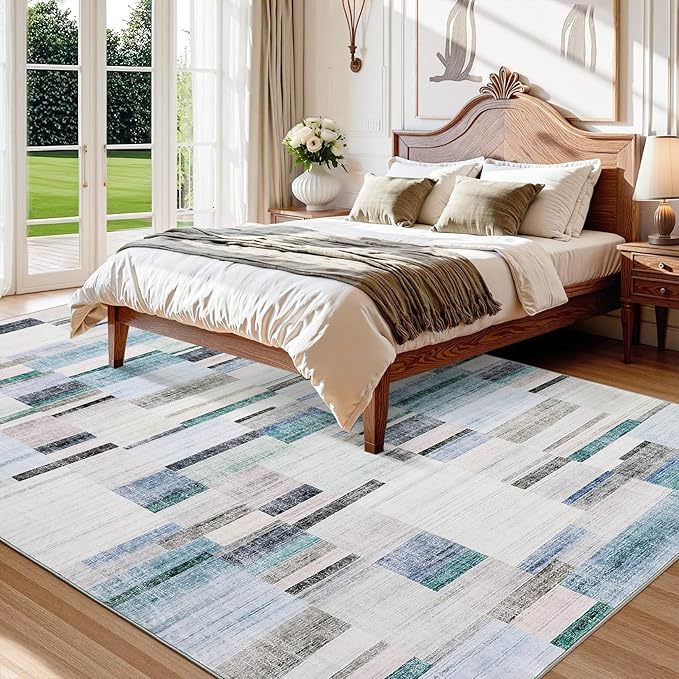 Modern Area Rugs 5x7 Rug for Living Room Washable Geometric Throw Rugs with Non-Slip Backing, Non-Shedding Contemporary Accent Carpet, Low Pile Floor Cover for Bedroom, Office, Blue