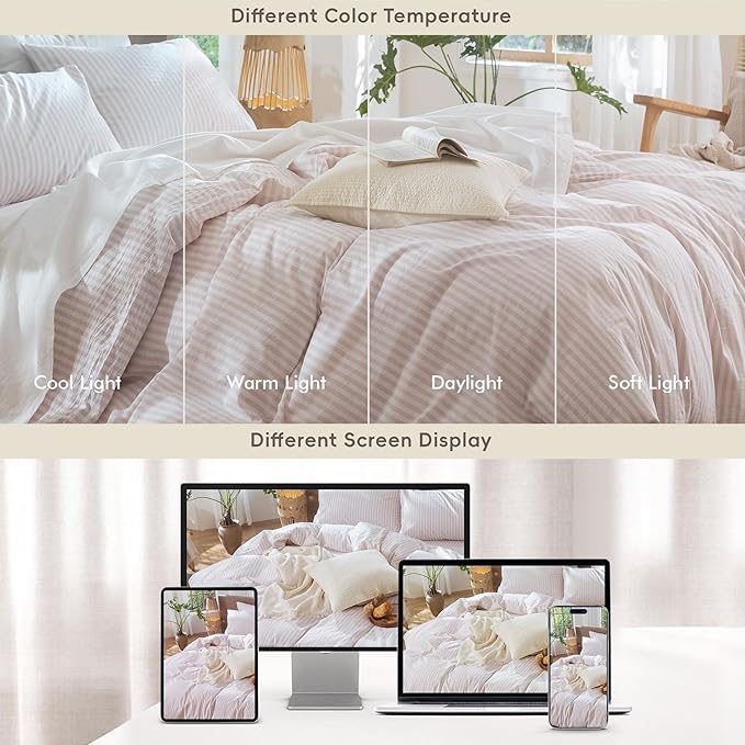 MooMee Striped Duvet Cover Set 100% Washed Cotton Linen Like Textured Breathable Durable Soft Comfy (Heathered Greyish Pink Classic Stripes, King 104"x90")