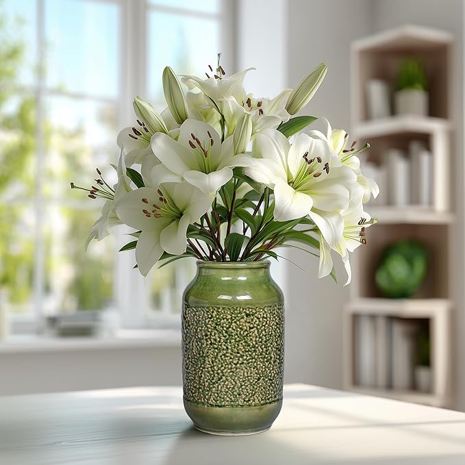 Modern Ceramic Vase for Flower, 9 Inch Minimalist Decorative Vases for Home Decor, Table Shelf, Console Cabinet, Mantle, Living Room, Bathroom, Bedroom, Office, Green