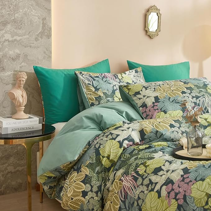 HighBuy Vintage Leaves Duvet Cover Twin Dark Green Boho Botanical Bedding Sets Country Style Green Comforter Cover with 2 Pillowcases Cozy Cotton Cottagecore Chic Farmhouse Bedroom Collection Twin