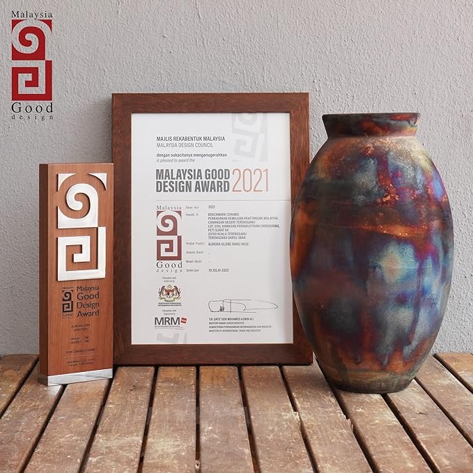 RAAQUU Large Oval Ceramic Half Copper Matte Vase S/N0000490 13.5" Raku Clay Pottery Handcrafted Art Home Décor Table Centerpiece Unique Gift for Her, Mom