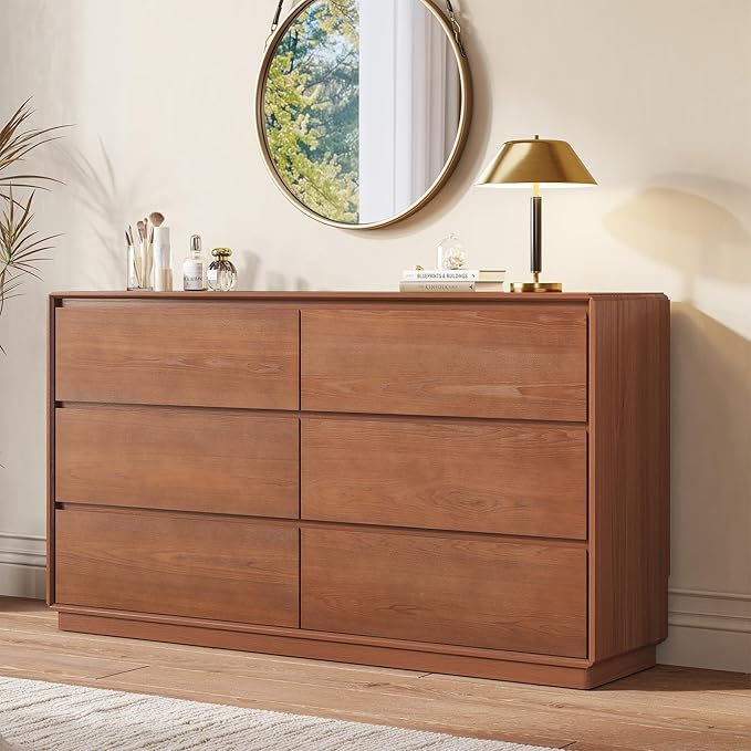 Solid Wood Dresser for Bedroom, Natural Solid Wood 6 Drawer Dresser,55.2" Wide Mid Century Modern Chest of Drawers, Closet Storage Organizer for Living Room, Bedroom