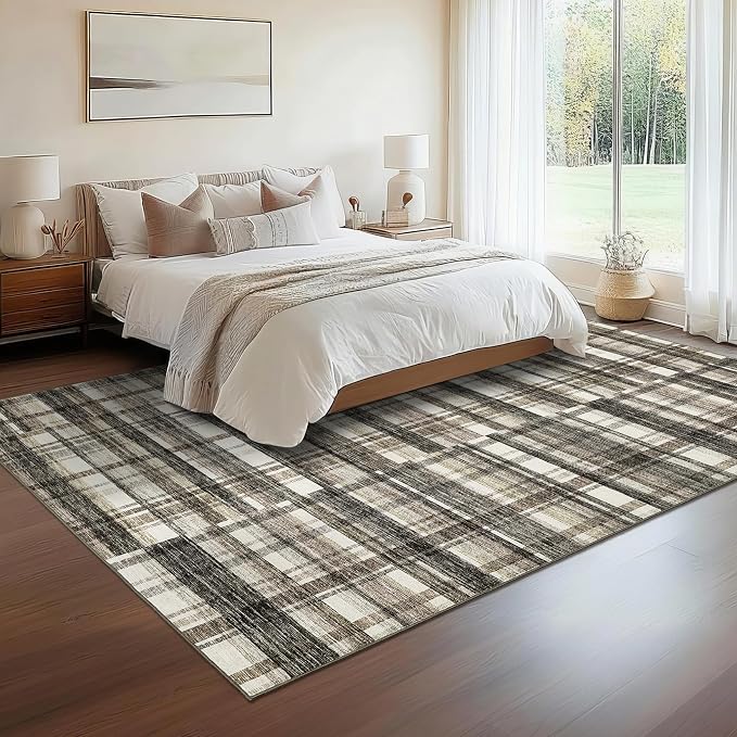 Washable Area Rug 5x7 Rug for Living Room Plaid Low Pile Bedroom Rug Modern Area Rugs Soft Non Slip Throw Rugs Stain Resistant Carpet for Classroom Dining Room Beige 5'x7'