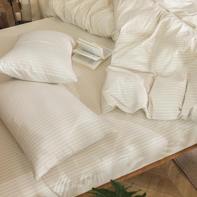MooMee Striped Duvet Cover Set 100% Washed Cotton Linen Like Textured Breathable Durable Soft Comfy (Almond Milk Grey White Wide Stripes, Alaska King 132"x120")