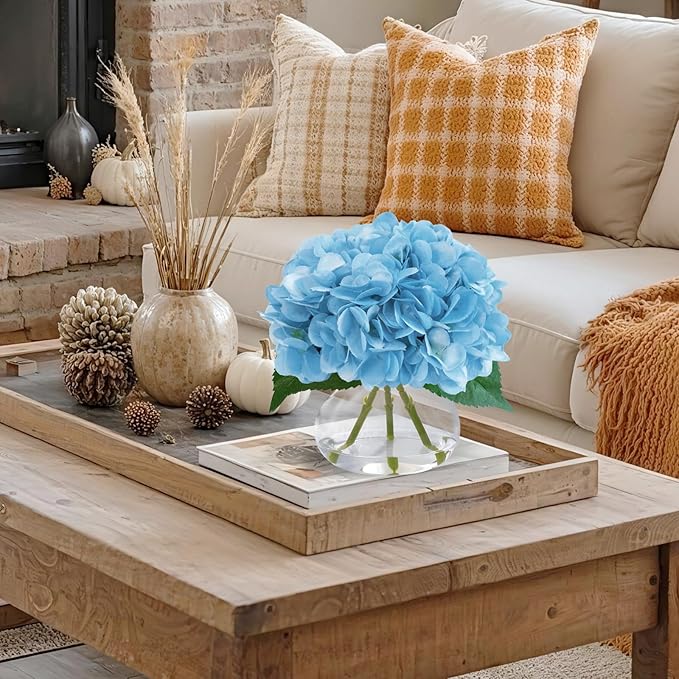 Big Petals Hydrangea Artificial Flowers in Vase, Blue Silk Fake Flowers Silk Centerpiece Table Decorations for Dining Room,Coffee Table Decor,Wedding, Home with Faux Water decorr (Sea Blue)