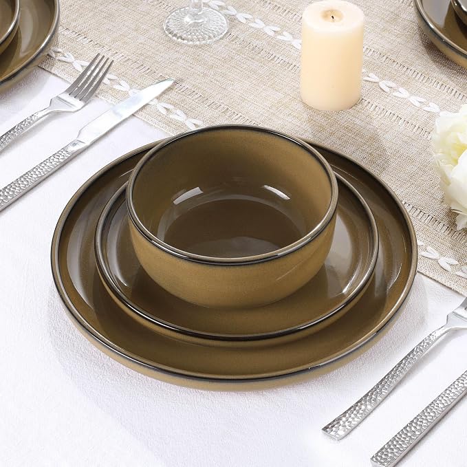 E-far Stoneware Dinnerware Sets for 4, 12 Pieces Reactive Glaze Plates and Bowls Sets, Elegant Dishes with Rustic Terracotta Base, Dishwasher & Microwave Safe, Scratch Resistant, Deep Camel