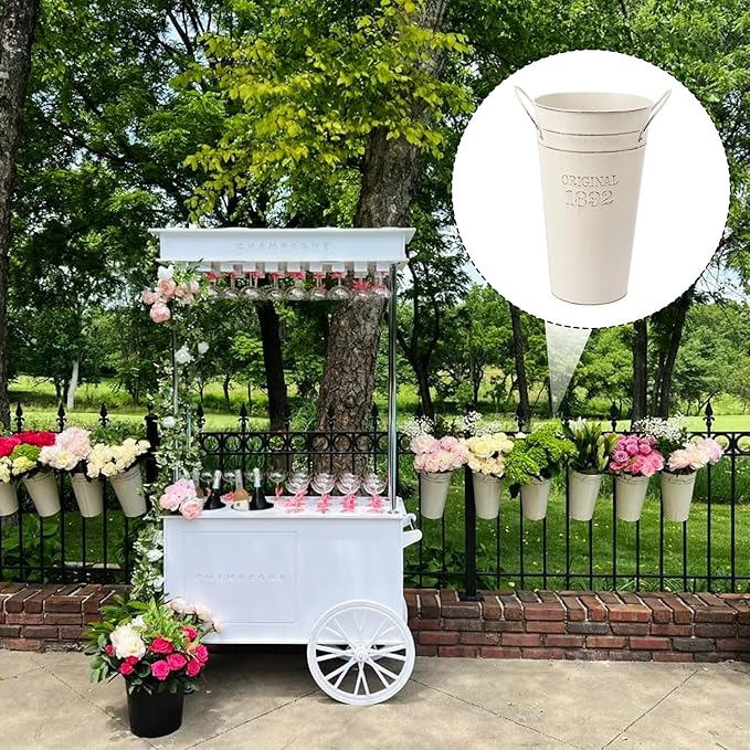 5 Packs 10 Inch Galvanized Metal Flower Vases with Handles, Rustic French Metal Flower Buckets for Cut Flowers, Country Wedding, Table Centerpiece Decorations(Milky White)