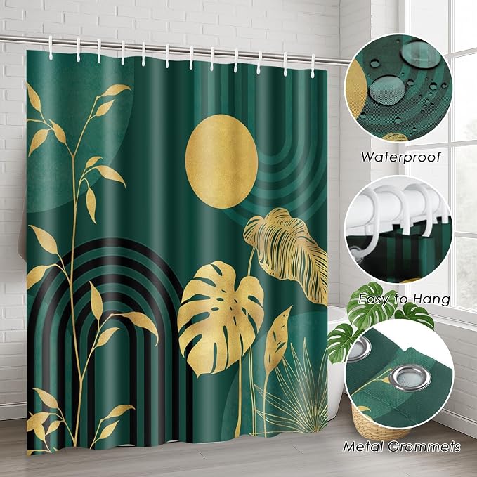 Boho Green Shower Curtain Set with Toilet Lid Cover and Non-Slip Rugs, Tropical Botanical Abstract Green Gold 4 Pcs Modern Minimalist Vintage Shower Curtain for Bathroom Set with 12 Hooks