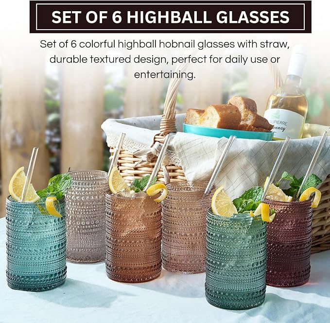 Khen Hobnail Drinking Glasses & Straws, 6x Neutral Muted Colors 14oz Vintage Glassware Set of 6 Embossed Vintage Water Cups, Highball Glasses for Cocktail, Whiskey, Beer & Juice, Dishwasher Safe Gift