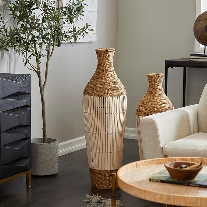 Deco 79 Seagrass Handmade Decorative Vase Wrapped Tall Floor Centerpiece Vase with Cream Slatted Bamboo Center, Vase for Home Decoration 13" x 13" x 40", Brown