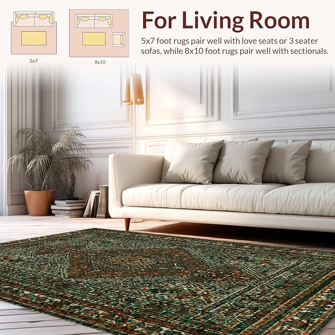Flatwoven High Traffic Area Rug 4x6, Nordic Geometric Runic Motif with Interlaced Diamonds and Earthy Tones, Non Slip, Stain Resistant, Washable Area Rugs for Living Room, Bedroom (Green, 4x6)