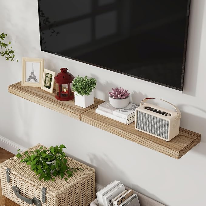 Axeman Floating Shelves, 2 Pack 8 Inch Deep Modern Solid Wood Wall Shelves for Storage, Wall Mounted Display Shelving with Invisible Heavy-Duty Metal Bracket, 24" W x 8" D x 1.6" H, Light Carbonized
