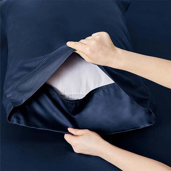 Bedsure Queen Sheet Set, Rayon Derived from Bamboo, Cooling Sheets, Breathable & Soft, Deep Pocket Up to 16 Inches, Hotel Luxury Silky Bedding for Hot Sleepers, Navy