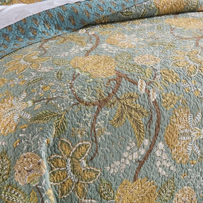 ENASAL Cotton Bedspread Quilt Sets Reversible Bedding Coverlet Sets Comforter, Vintage Floral Farmhouse Pastoral Turquoise Bedspread, King Size