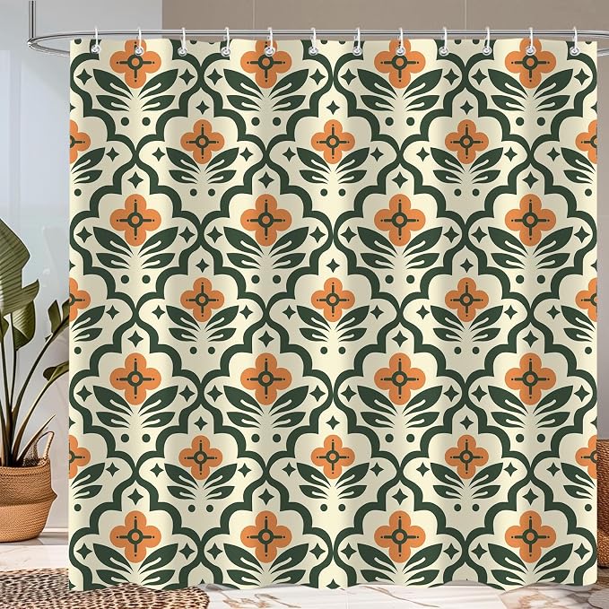 Vintage Boho Floral Shower Curtain，Mid Century Modern Abstract Orange Green Bathroom Curtain，Polyester Fabric Waterproof Bath Curtains 72x78 Inch with 12 Hooks