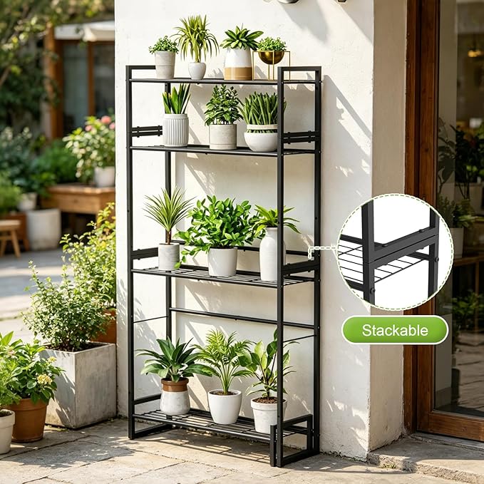VyGrow Plant Stand, 4 Tier Stackable Tiered Plant Stand, Scalable Heavy Duty Tall Plant Shelf for Indoor Outdoor, Garden, Display Shelves, Flower Pot Holder, Black